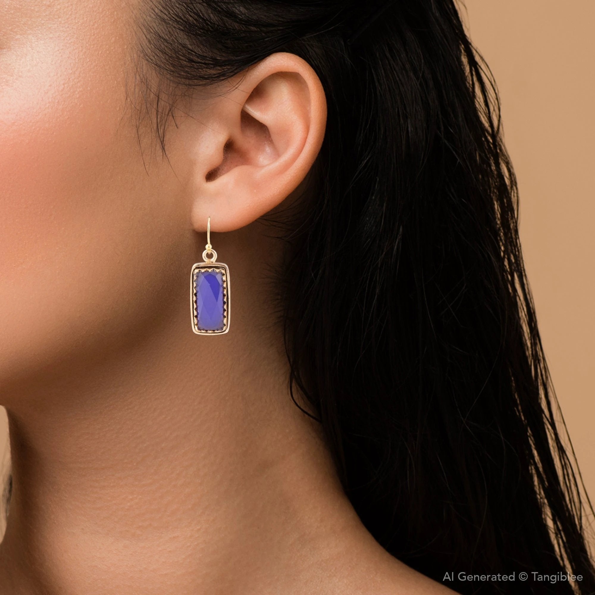 Filigreed Blue Agate Rectangular Shape Golden Drop Earrings by Barse Jewelry