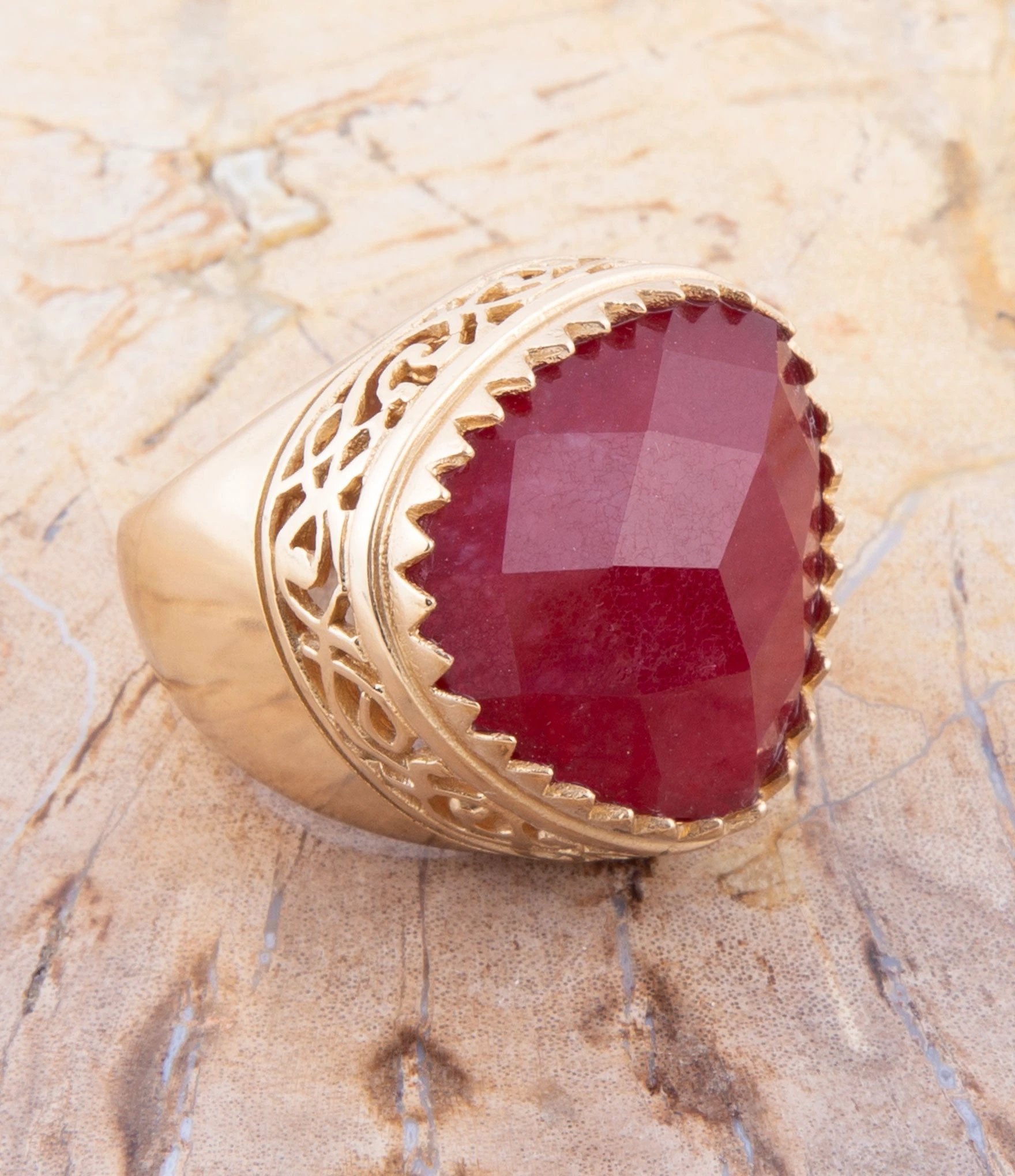 Filigreed Merlot Red Quarrtz Golden Statement Ring by Barse Jewelry