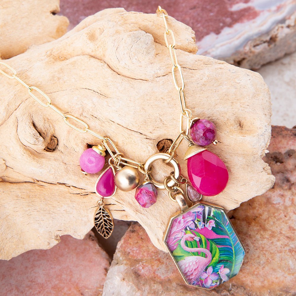 Flamingo Pink Agate Golden Pendant Necklace Necklaces La Vie Bien Flamingo Pink Agate Golden Pendant Necklace