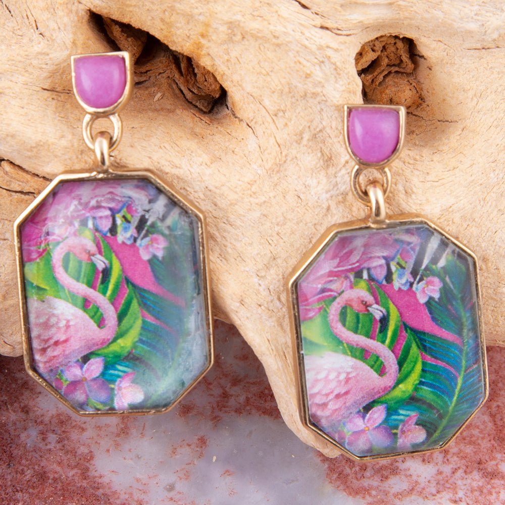 Flamingo Pink Agate Golden Post Drop Earrings Earrings La Vie Bien Flamingo Pink Agate Golden Post Drop Earrings