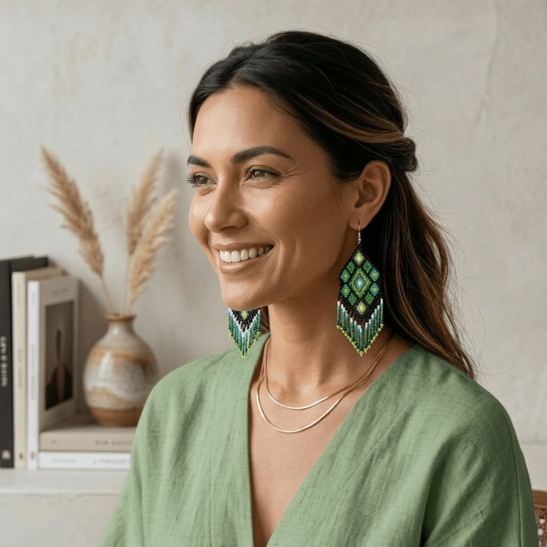 Flor Geometric Seed Bead Boho Fringe Earrings - Guatemala Jewelry La Vie Bien Flor Geometric Seed Bead Boho Fringe Earrings - Guatemala