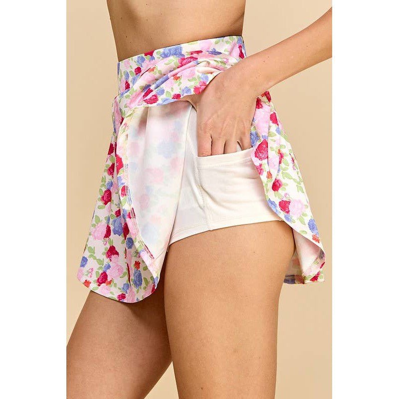 Floral Athletic Skirt with Built - in Undershorts | Pink & Blue Floral Print Skort [Sizes SM - M]