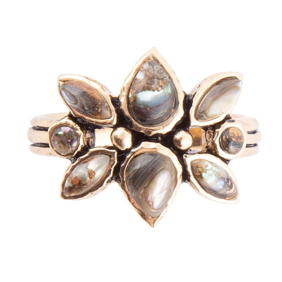Floral Blue Abalone Golden Bronze Ring by Barse Jewelry