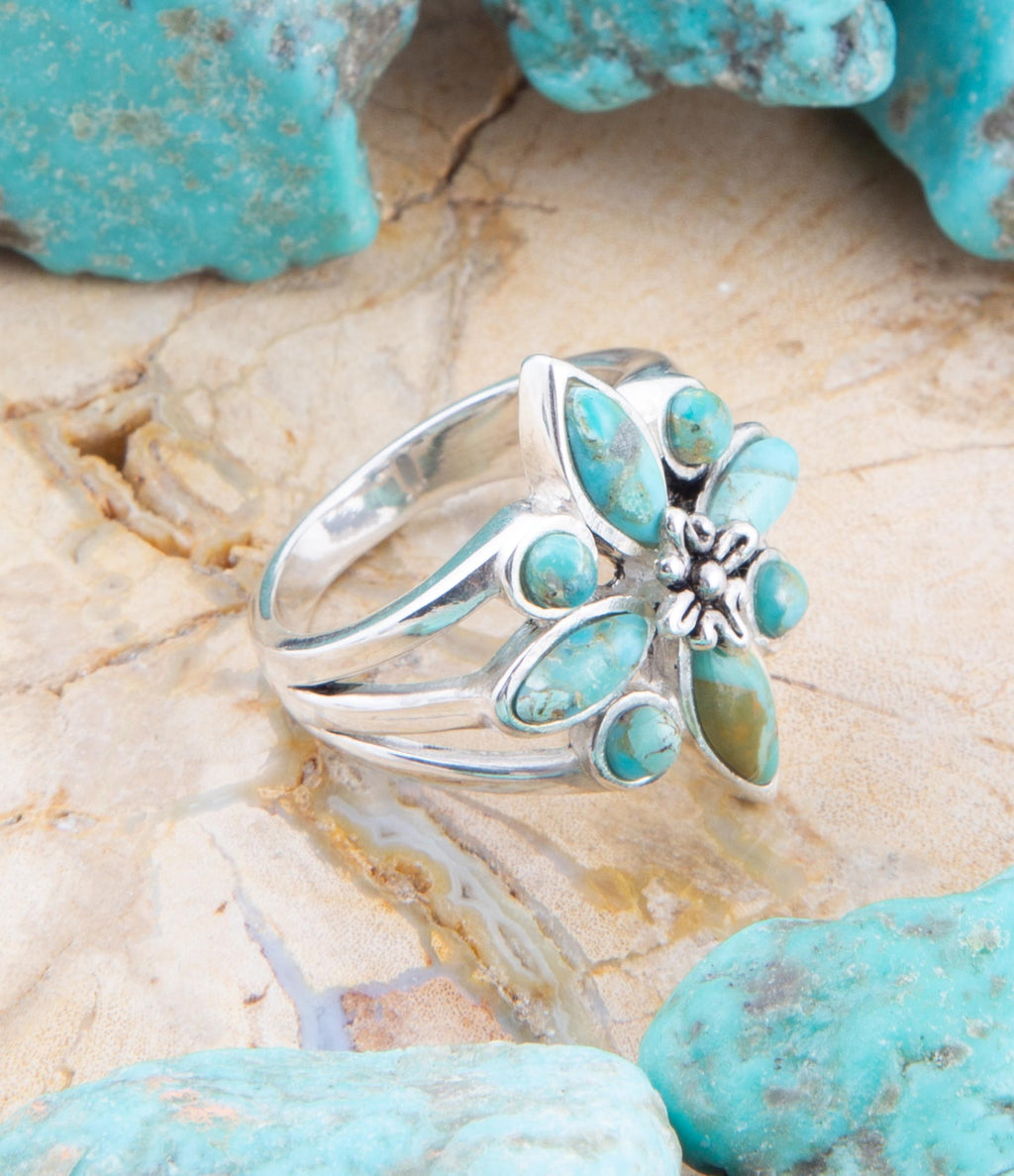 Floral Blue Turquoise and Sterling Silver Statement Ring Rings La Vie Bien Floral Blue Turquoise and Sterling Silver Statement Ring