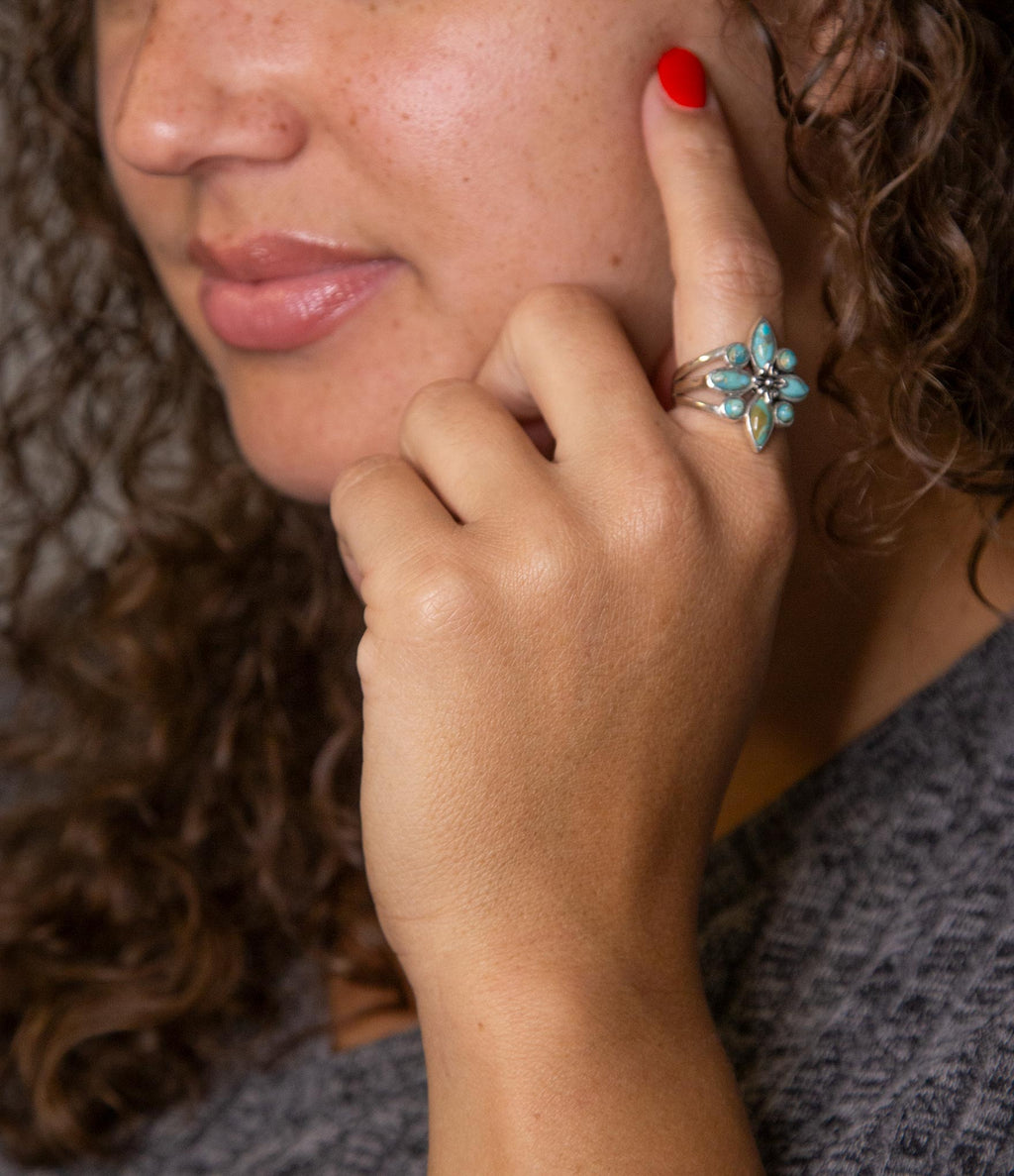 Floral Blue Turquoise and Sterling Silver Statement Ring Rings La Vie Bien Floral Blue Turquoise and Sterling Silver Statement Ring