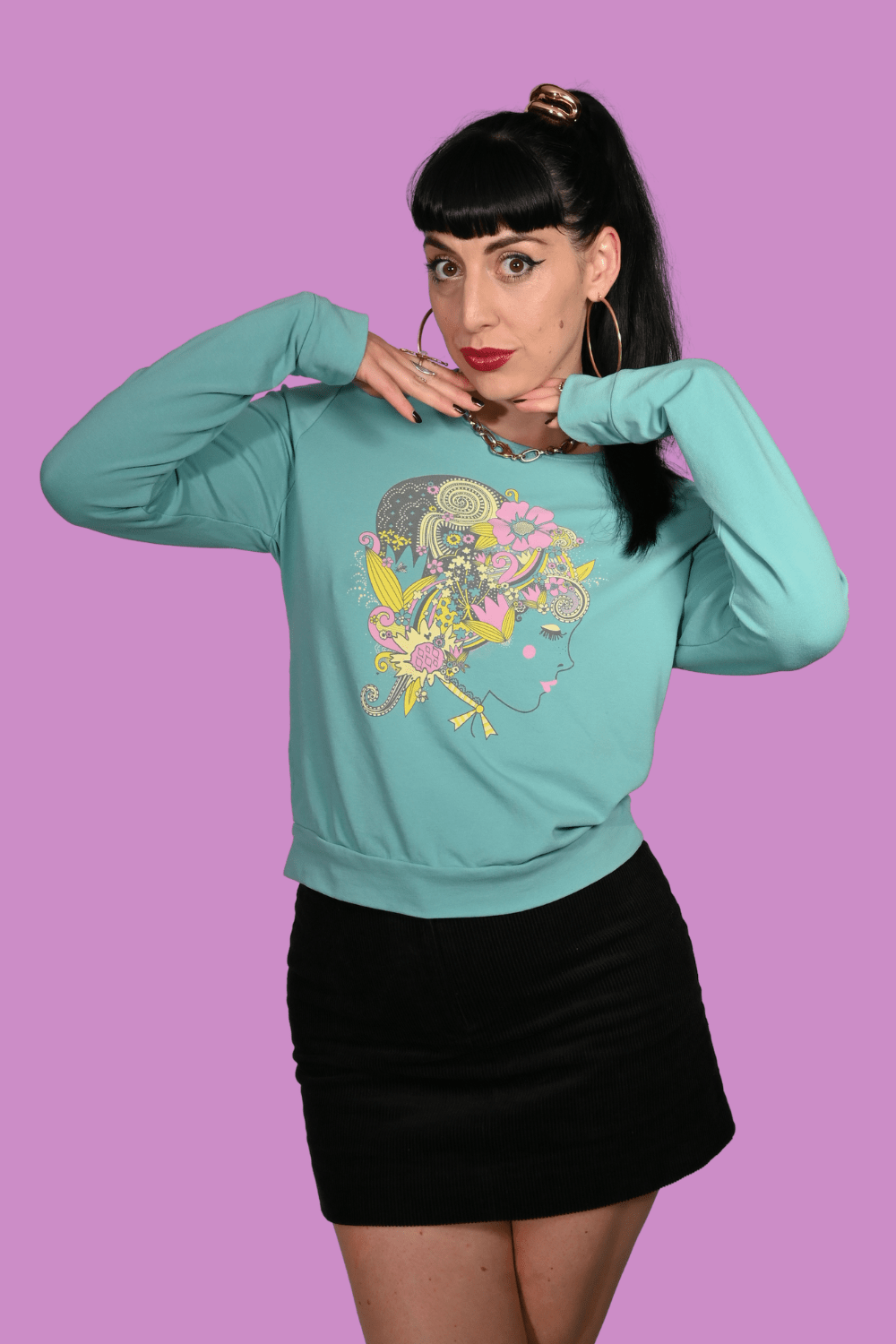 Floral Bouffant Pullover in Catalina Blue Sweatshirt La Vie Bien Floral Bouffant Pullover in Catalina Blue