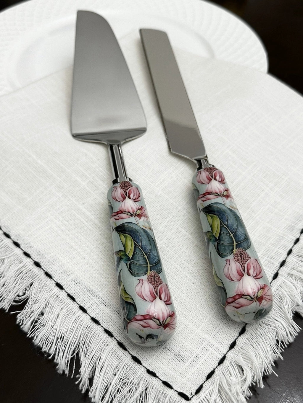 Floral Cake Cutting Knife & Server with Mint Meenakari Work by Vibhsa