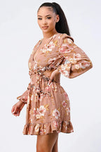 FLORAL CHIFFON V-NECK MINI DRESS by Bella Moda Latina