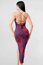 FLORAL PRINT MESH SIDE SLIT DRAWSTRING BACK SLITTED BODYCON MIDI DRESS Dress La Vie Bien FLORAL PRINT MESH SIDE SLIT DRAWSTRING BACK SLITTED BODYCON MIDI DRESS