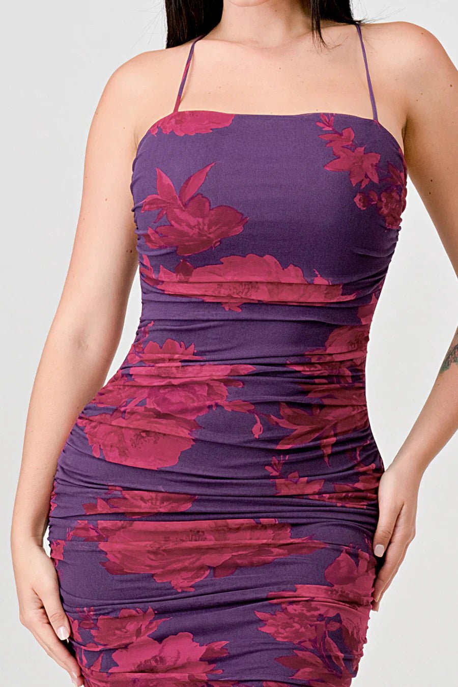 FLORAL PRINT MESH SIDE SLIT DRAWSTRING BACK SLITTED BODYCON MIDI DRESS Dress La Vie Bien FLORAL PRINT MESH SIDE SLIT DRAWSTRING BACK SLITTED BODYCON MIDI DRESS