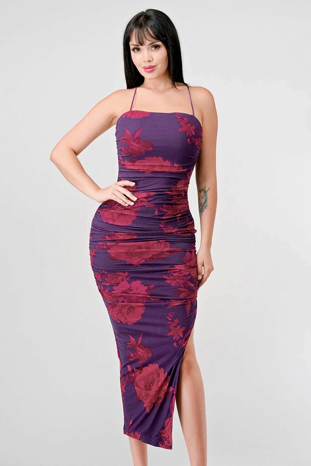 FLORAL PRINT MESH SIDE SLIT DRAWSTRING BACK SLITTED BODYCON MIDI DRESS Dress La Vie Bien FLORAL PRINT MESH SIDE SLIT DRAWSTRING BACK SLITTED BODYCON MIDI DRESS