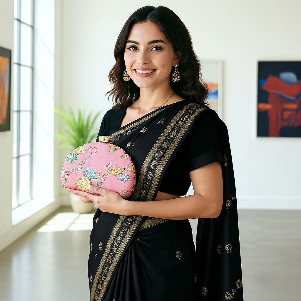 Floral Printed Zari Embroidery Clutch Clutch La Vie Bien Floral Printed Zari Embroidery Clutch