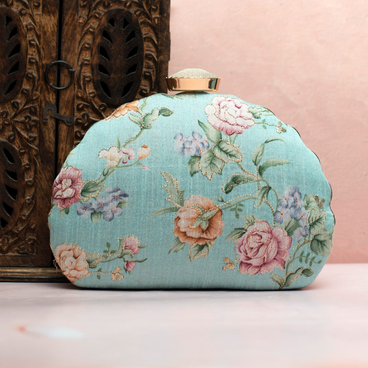 Floral Printed Zari Embroidery Clutch Clutch La Vie Bien Floral Printed Zari Embroidery Clutch