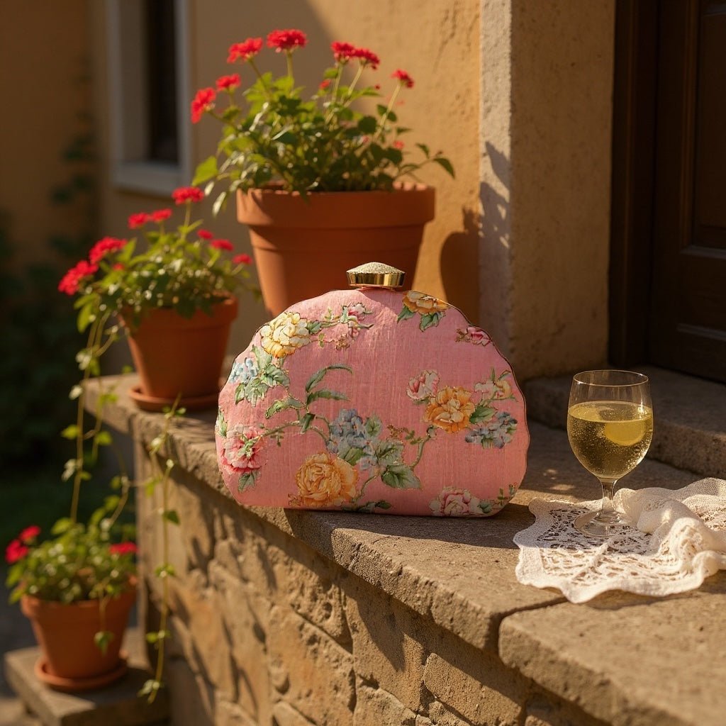 Floral Printed Zari Embroidery Clutch Clutch La Vie Bien Floral Printed Zari Embroidery Clutch