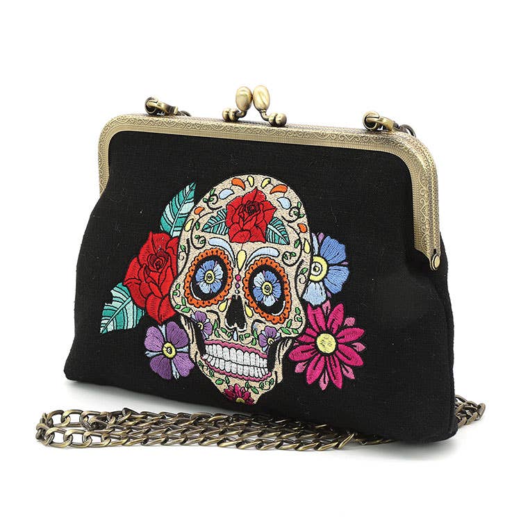 Floral Sugar Skull Kisslock Bag Handbags La Vie Bien Floral Sugar Skull Kisslock Bag