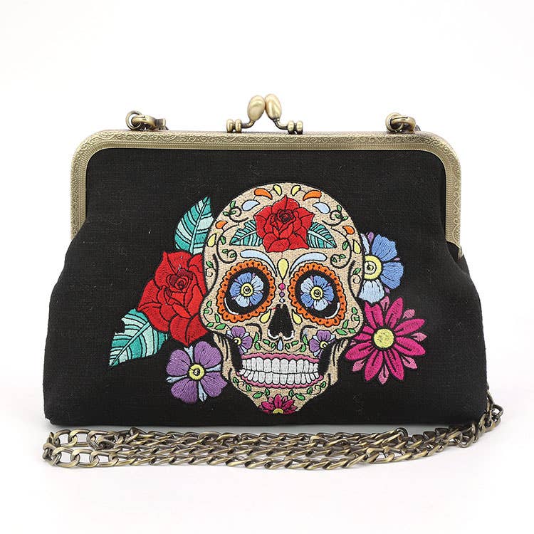 Floral Sugar Skull Kisslock Bag Handbags La Vie Bien Floral Sugar Skull Kisslock Bag