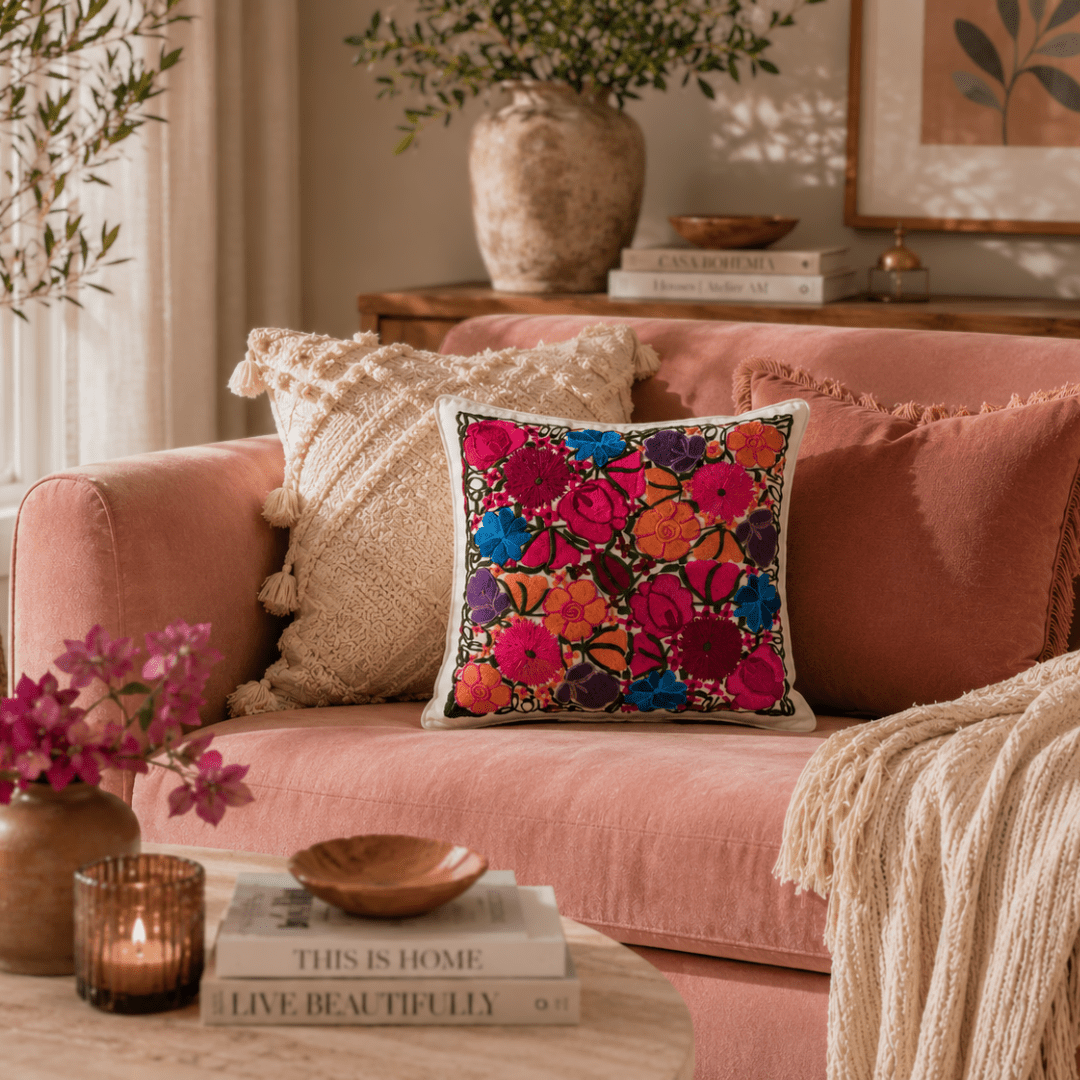 Flower Fields Embroidered Pillow Cover - Guatemala Decor La Vie Bien Flower Fields Embroidered Pillow Cover - Guatemala