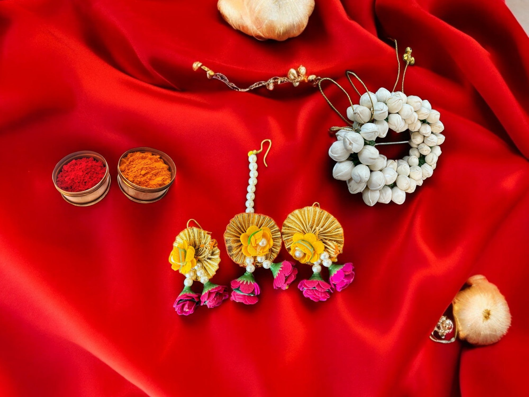 Flower & Pearl Earrings & Mangtika Accessories La Vie Bien Flower & Pearl Earrings & Mangtika