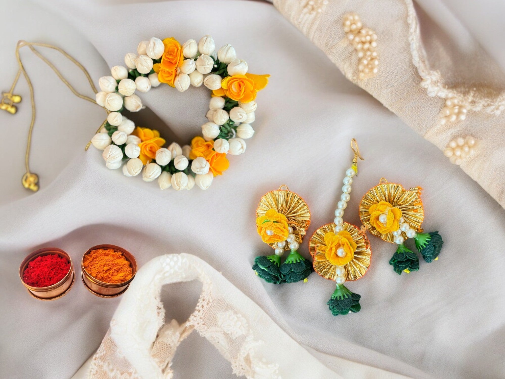 Flower & Pearl Earrings & Mangtika Accessories La Vie Bien Flower & Pearl Earrings & Mangtika