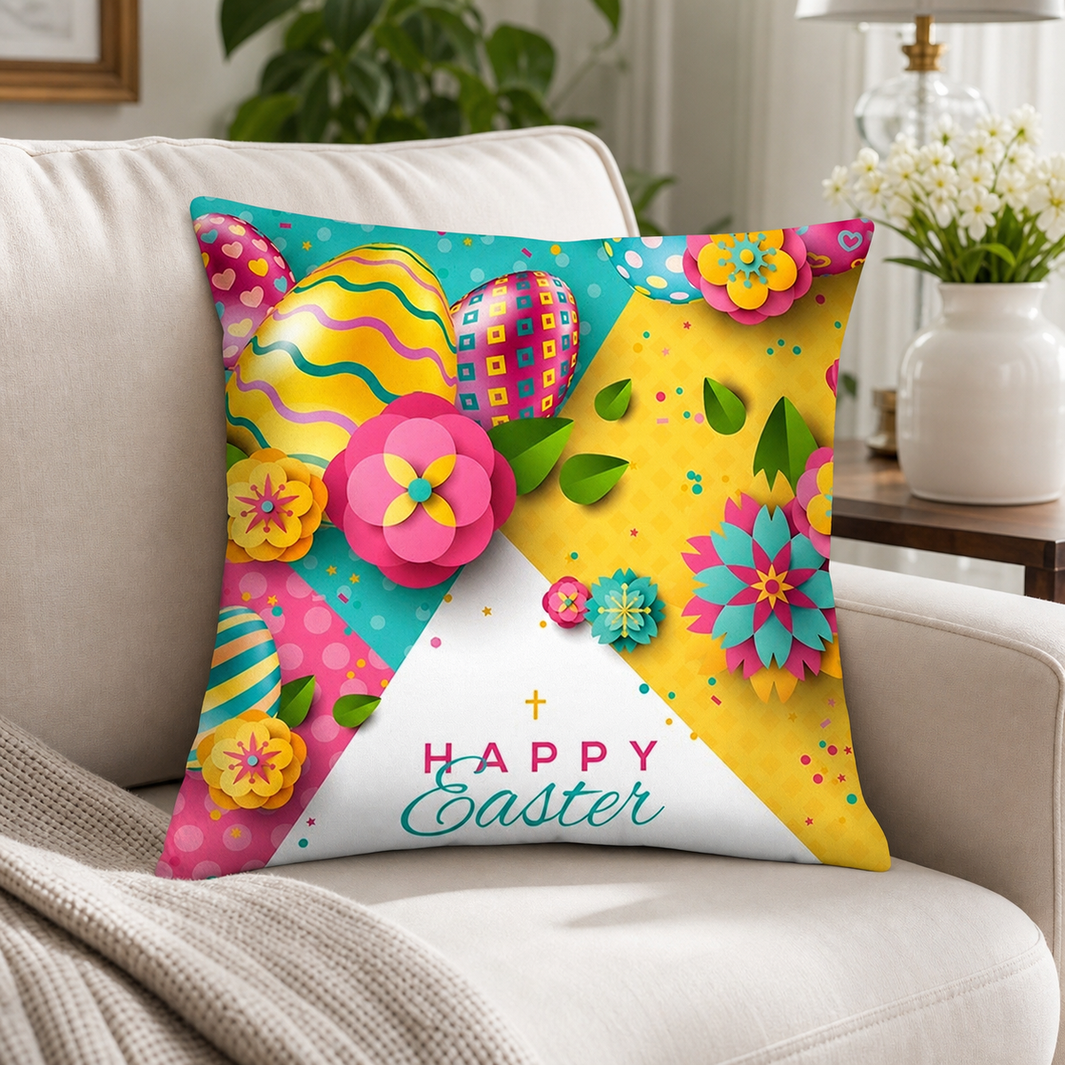 Flowers and Eggs Easter Throw Cushion Pillow Cover Easter > Pillow Covers La Vie Bien Flowers and Eggs Easter Throw Cushion Pillow Cover