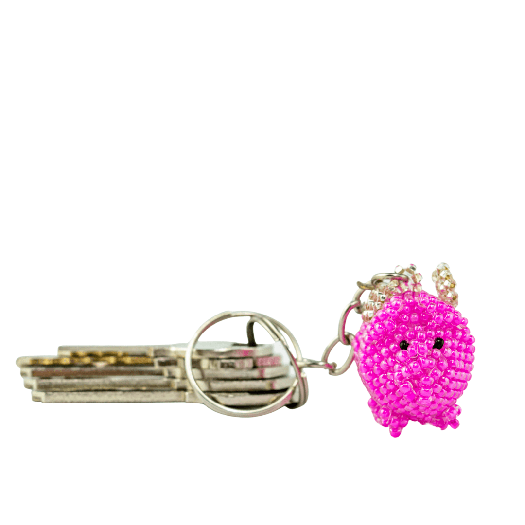 Flying Pig Seed Bead Pink Handmade Keychain - Guatemala Keychains La Vie Bien Flying Pig Seed Bead Pink Handmade Keychain - Guatemala