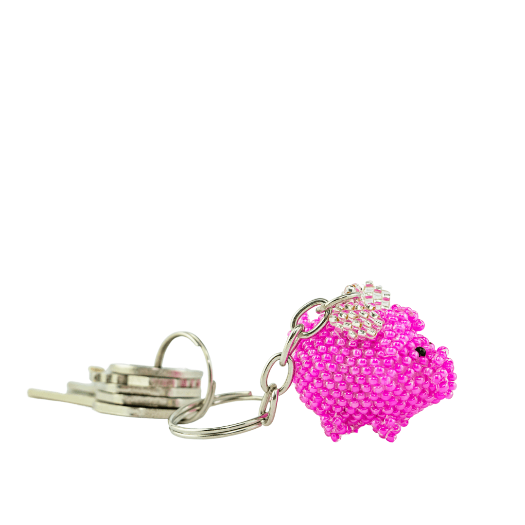 Flying Pig Seed Bead Pink Handmade Keychain - Guatemala Keychains La Vie Bien Flying Pig Seed Bead Pink Handmade Keychain - Guatemala