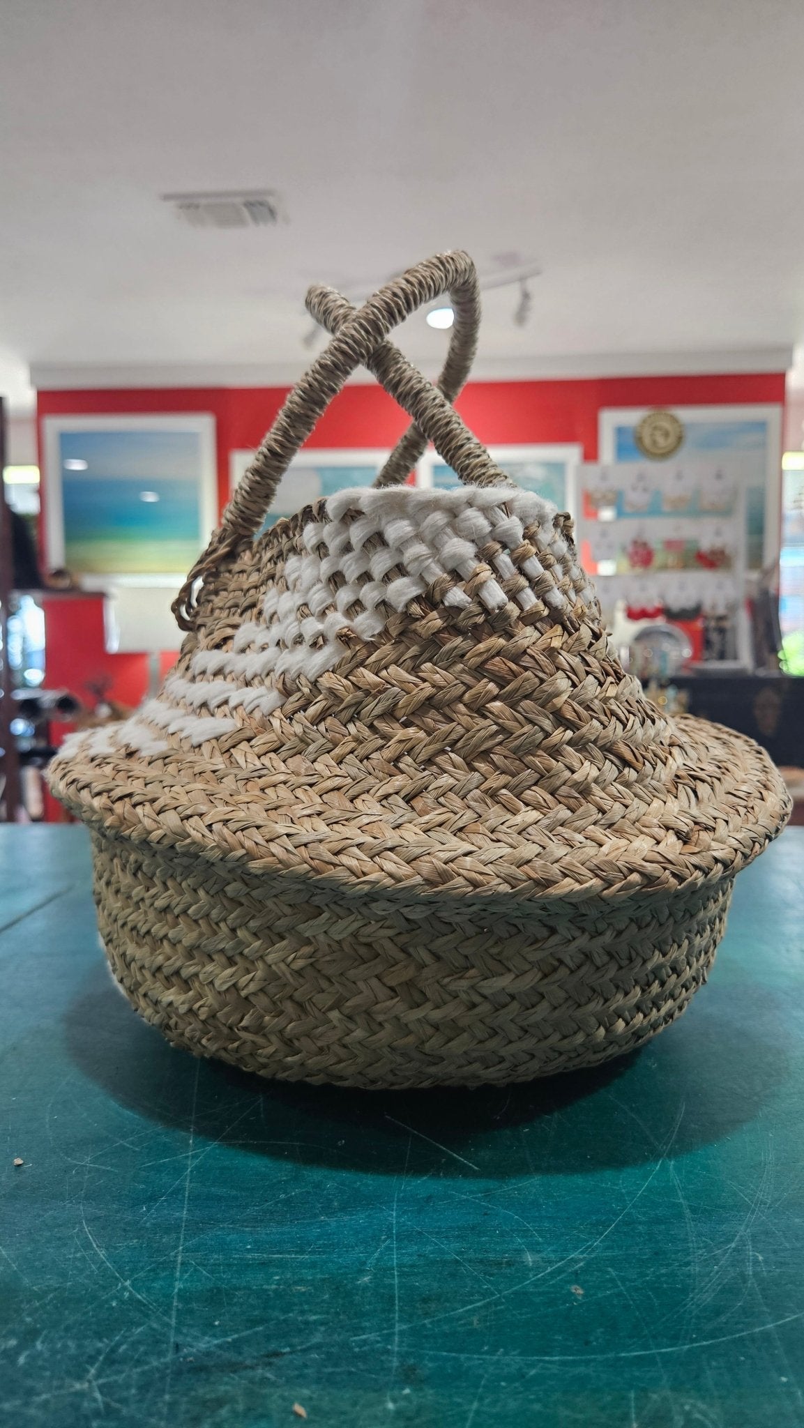 Foldable Seagrass Basket with Handles – Boho White Diamond Storage Tote Purses & Bags La Vie Bien Foldable Seagrass Basket with Handles – Boho White Diamond Storage Tote