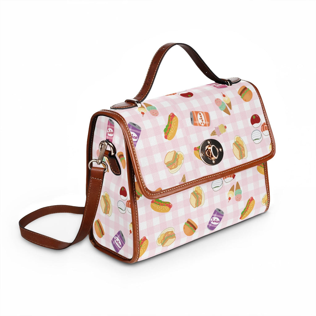 Foodie Picnic Snacks pink gingham Pattern Waterproof Canvas purse with top handle and shoulder strap, vegan leather foodie accessory Bags La Vie Bien Foodie Picnic Snacks pink gingham Pattern Waterproof Canvas purse with top handle and shoulder strap, vegan leather foodie accessory