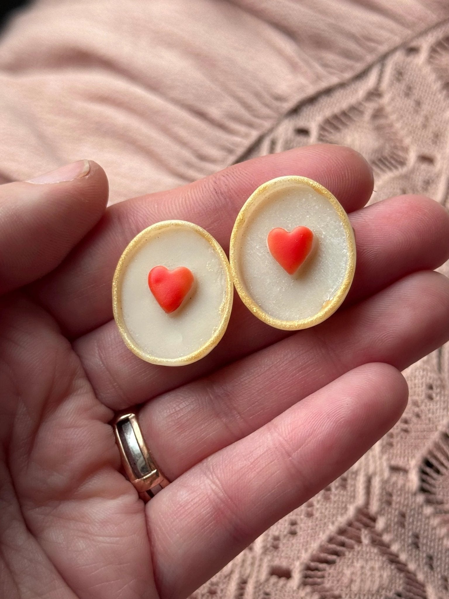 Framed Heart Stud earrings, 14k gold plated nickel free, handmade with polymer clay