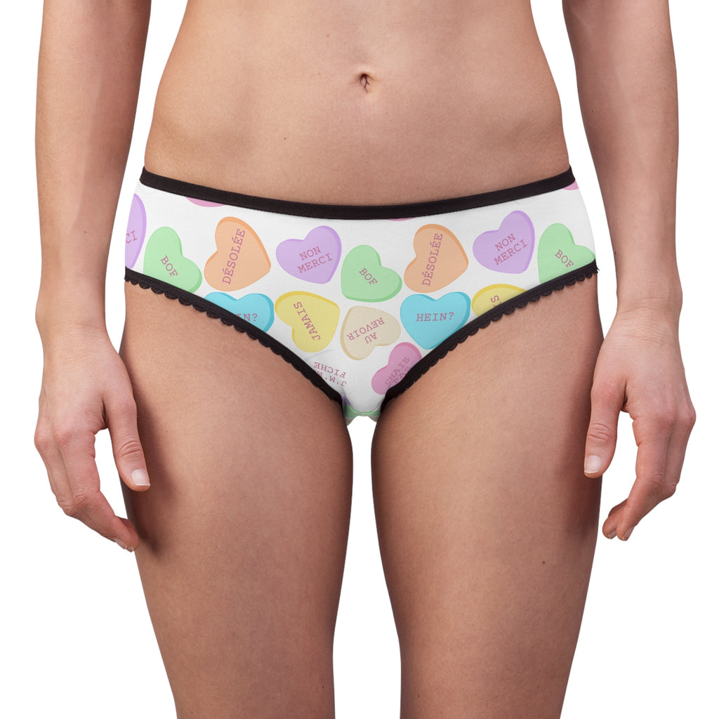 French attitude Conversation Heart Pattern Women's Briefs m, Valentine's Candy Hearts Print All Over Prints La Vie Bien French attitude Conversation Heart Pattern Women's Briefs m, Valentine's Candy Hearts Print
