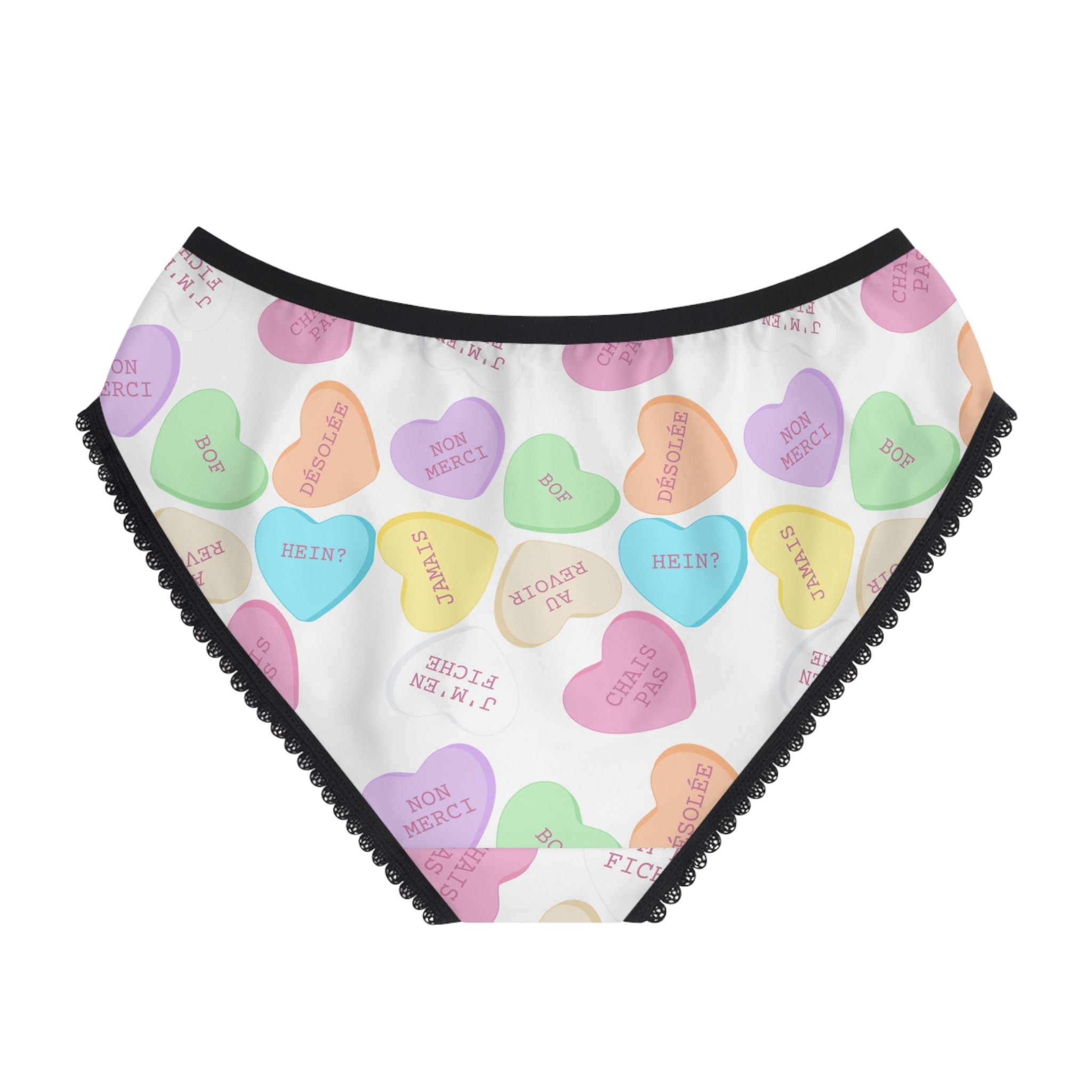French attitude Conversation Heart Pattern Women's Briefs m, Valentine's Candy Hearts Print All Over Prints La Vie Bien French attitude Conversation Heart Pattern Women's Briefs m, Valentine's Candy Hearts Print