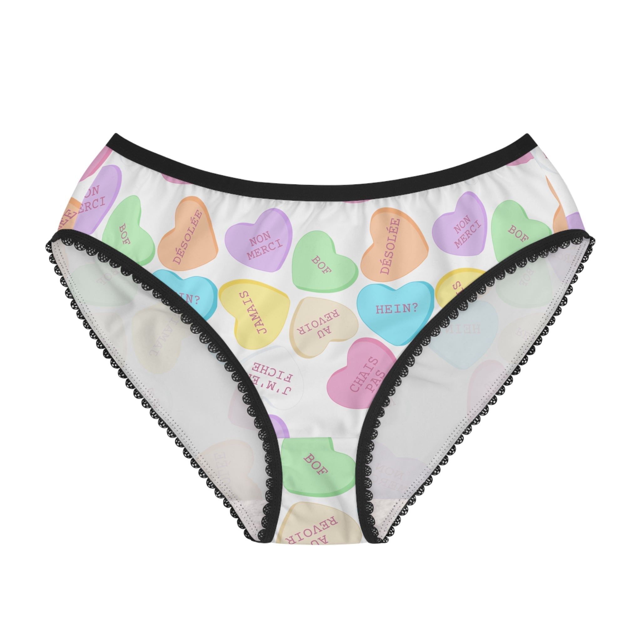 French attitude Conversation Heart Pattern Women's Briefs m, Valentine's Candy Hearts Print All Over Prints La Vie Bien French attitude Conversation Heart Pattern Women's Briefs m, Valentine's Candy Hearts Print