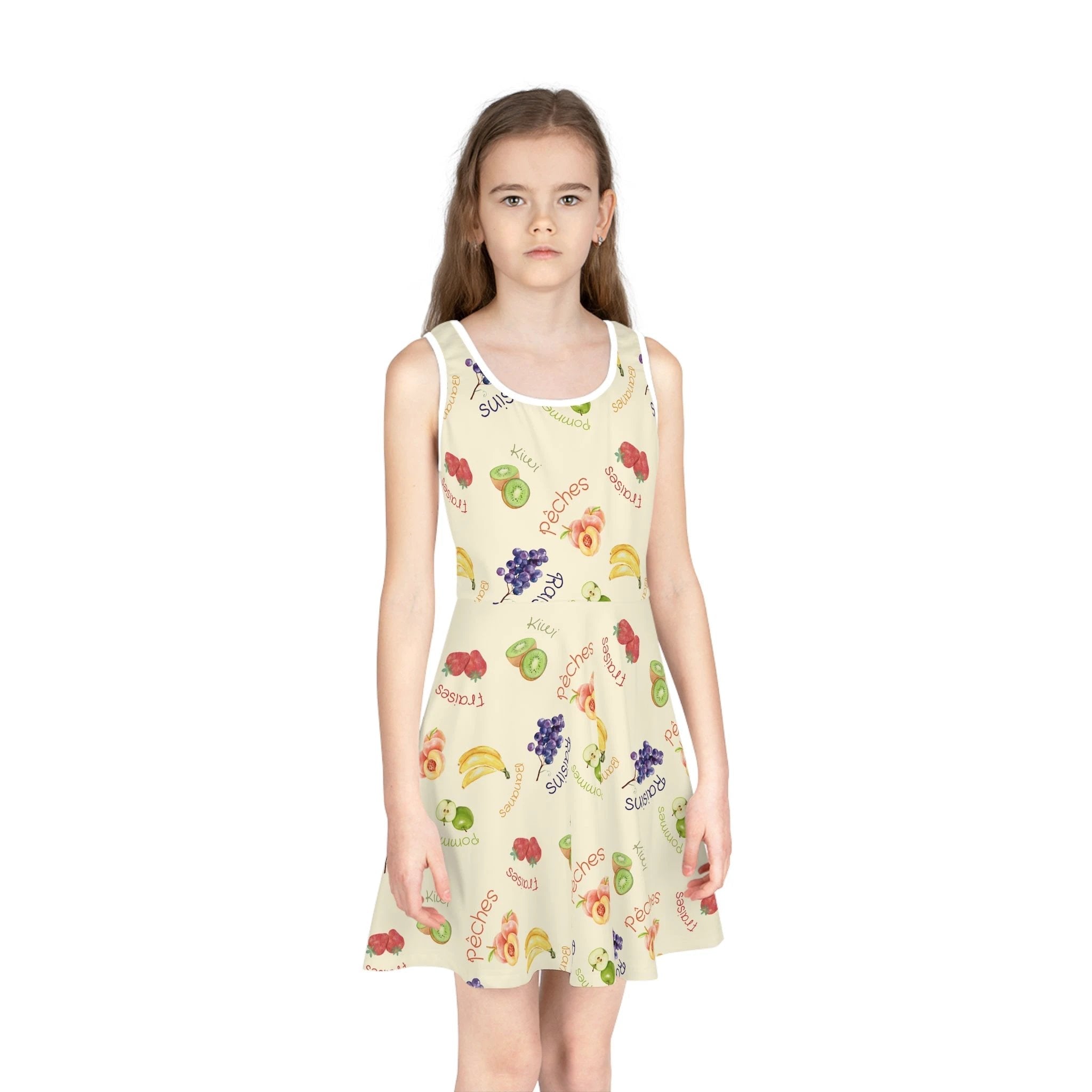 French Fruits Pattern children's Sundress, peaches kiwi bananas grapes girls sleeveless dress by Printify