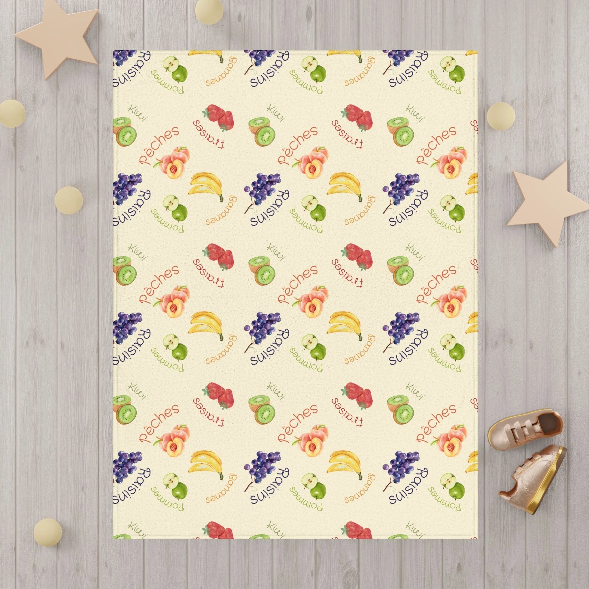French Fruits Pattern Toddler Blanket, Banana, Kiwi, Grape, Strawberry by Printify