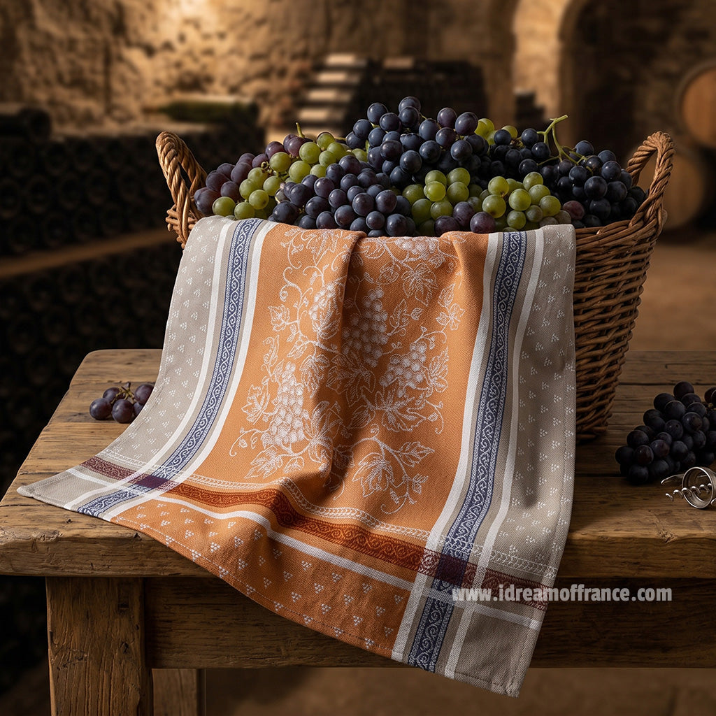 French kitchen towel - Jacquard cotton - Reversible - Winery caramel | Tissus Toselli