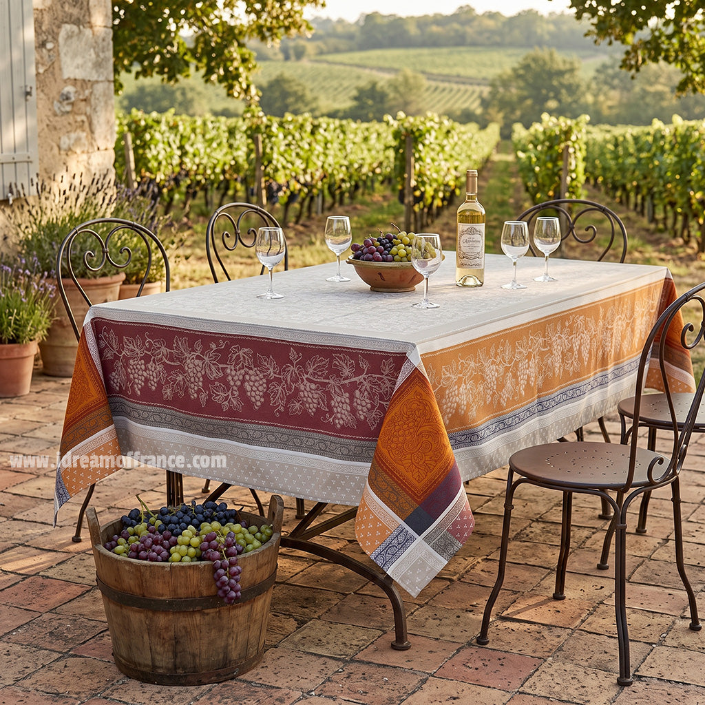 French Jacquard tablecloth - Cotton - Stain resistant - Rectangular - Winery caramel | Tissus Toselli