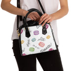 French Macaron Patisserie Print Pattern Shoulder Handbag with French phrases: Oh la la!, Chouette!, Super! C'est genial! Bags La Vie Bien French Macaron Patisserie Print Pattern Shoulder Handbag with French phrases: Oh la la!, Chouette!, Super! C'est genial!