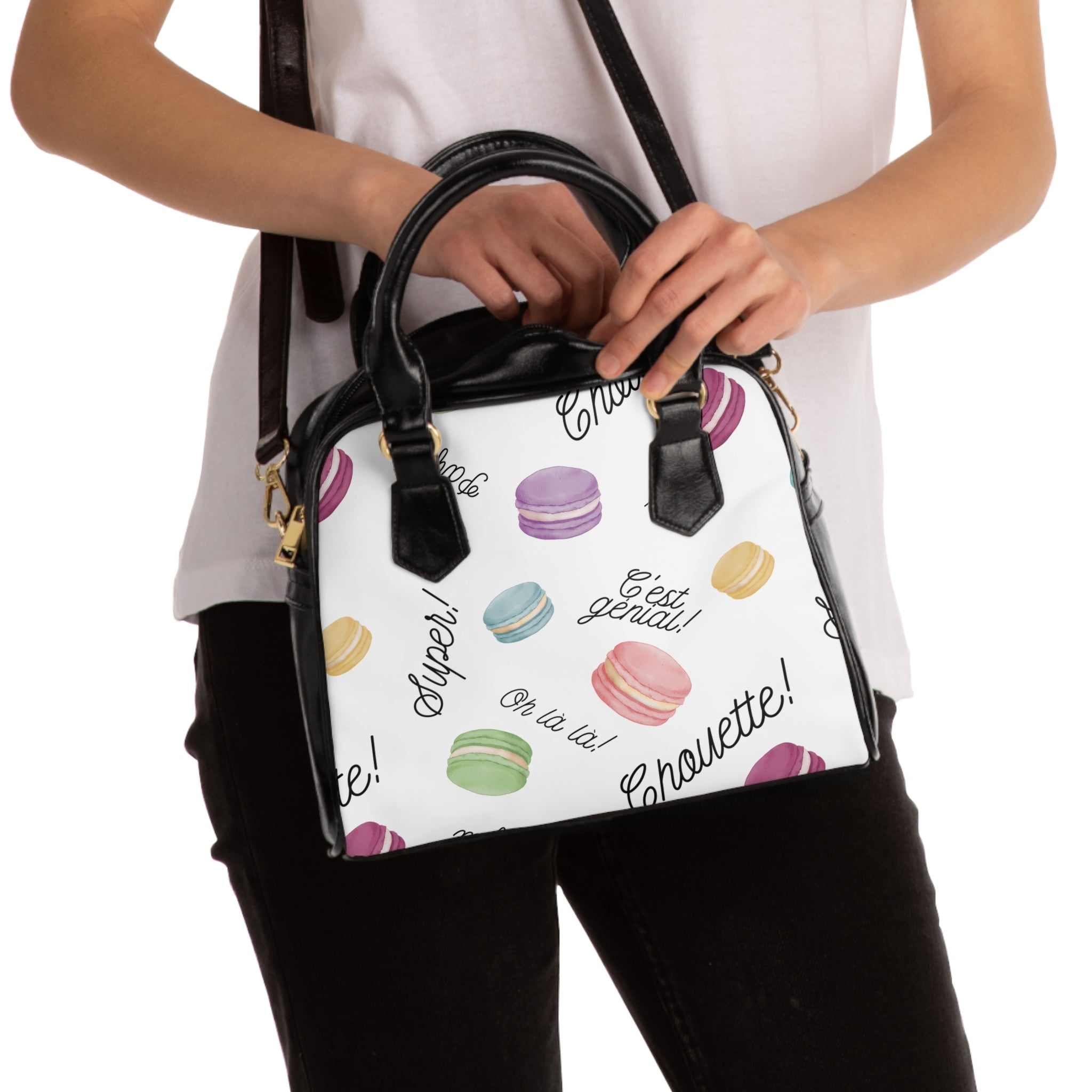 French Macaron Patisserie Print Pattern Shoulder Handbag with French phrases: Oh la la!, Chouette!, Super! C'est genial! Bags La Vie Bien French Macaron Patisserie Print Pattern Shoulder Handbag with French phrases: Oh la la!, Chouette!, Super! C'est genial!