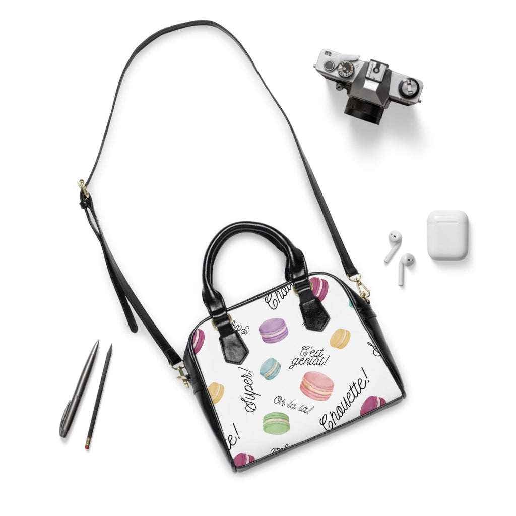 French Macaron Patisserie Print Pattern Shoulder Handbag with French phrases: Oh la la!, Chouette!, Super! C'est genial! Bags La Vie Bien French Macaron Patisserie Print Pattern Shoulder Handbag with French phrases: Oh la la!, Chouette!, Super! C'est genial!