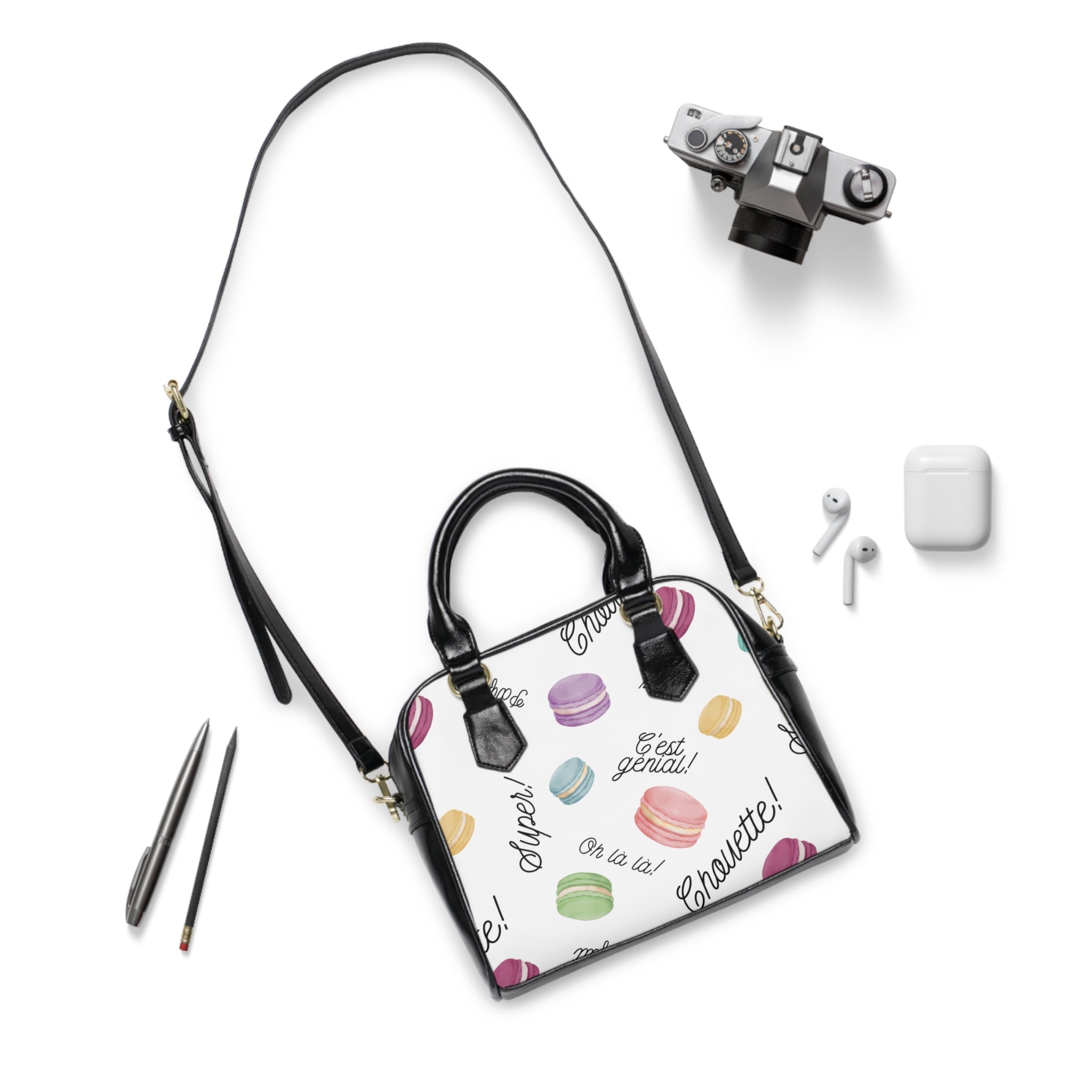 French Macaron Patisserie Print Pattern Shoulder Handbag with French phrases: Oh la la!, Chouette!, Super! C'est genial! Bags La Vie Bien French Macaron Patisserie Print Pattern Shoulder Handbag with French phrases: Oh la la!, Chouette!, Super! C'est genial!