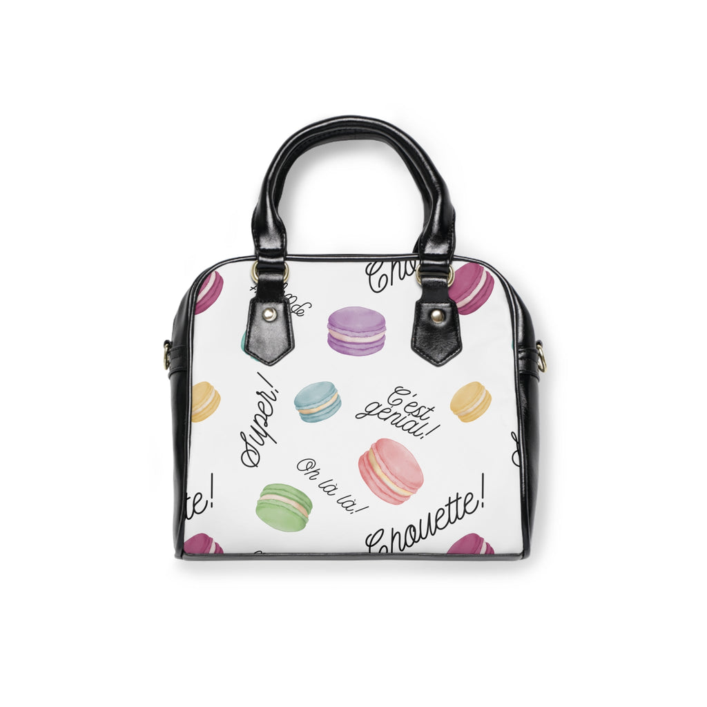 French Macaron Patisserie Print Pattern Shoulder Handbag with French phrases: Oh la la!, Chouette!, Super! C'est genial! Bags La Vie Bien French Macaron Patisserie Print Pattern Shoulder Handbag with French phrases: Oh la la!, Chouette!, Super! C'est genial!