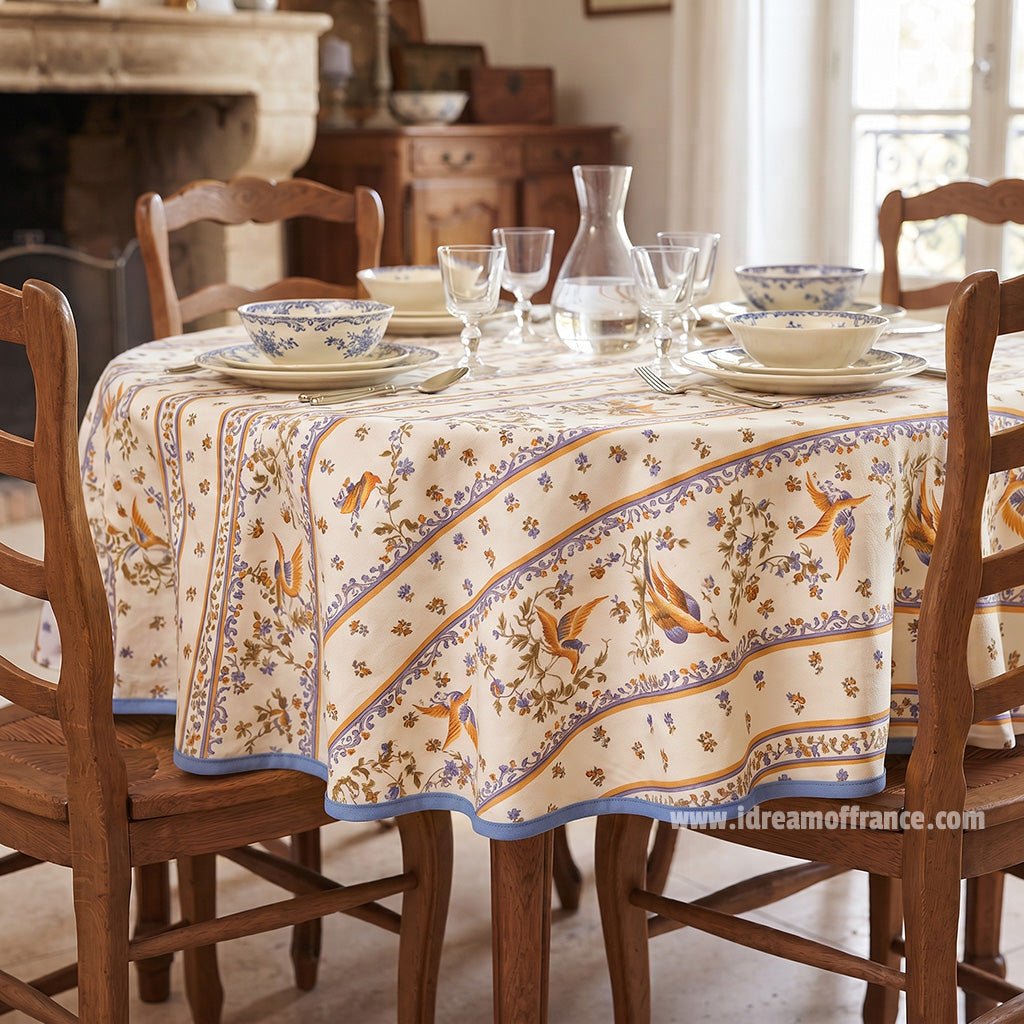 French Provencal tablecloth - Acrylic coated cotton, Spill-proof - 58" round - Moustiers blue | Tissus Toselli Tablecloth La Vie Bien French Provencal tablecloth - Acrylic coated cotton, Spill-proof - 58" round - Moustiers blue | Tissus Toselli