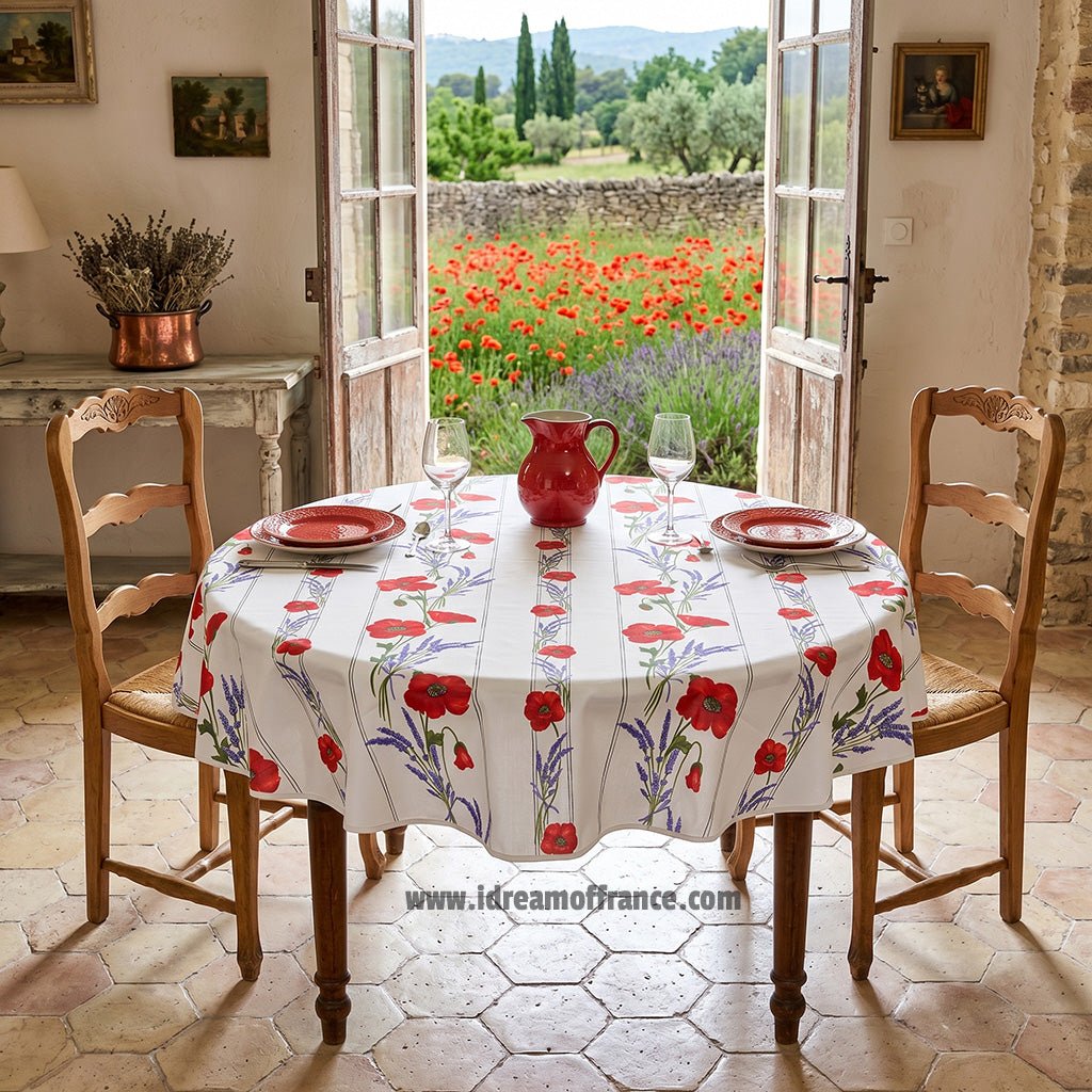 French Provencal tablecloth - Acrylic coated cotton, Spill - proof - 58" round - Poppies ivory | Tissus Toselli Tablecloth La Vie Bien French Provencal tablecloth - Acrylic coated cotton, Spill - proof - 58" round - Poppies ivory | Tissus Toselli