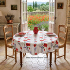 French Provencal tablecloth - Acrylic coated cotton, Spill - proof - 58" round - Poppies ivory | Tissus Toselli Tablecloth La Vie Bien French Provencal tablecloth - Acrylic coated cotton, Spill - proof - 58" round - Poppies ivory | Tissus Toselli