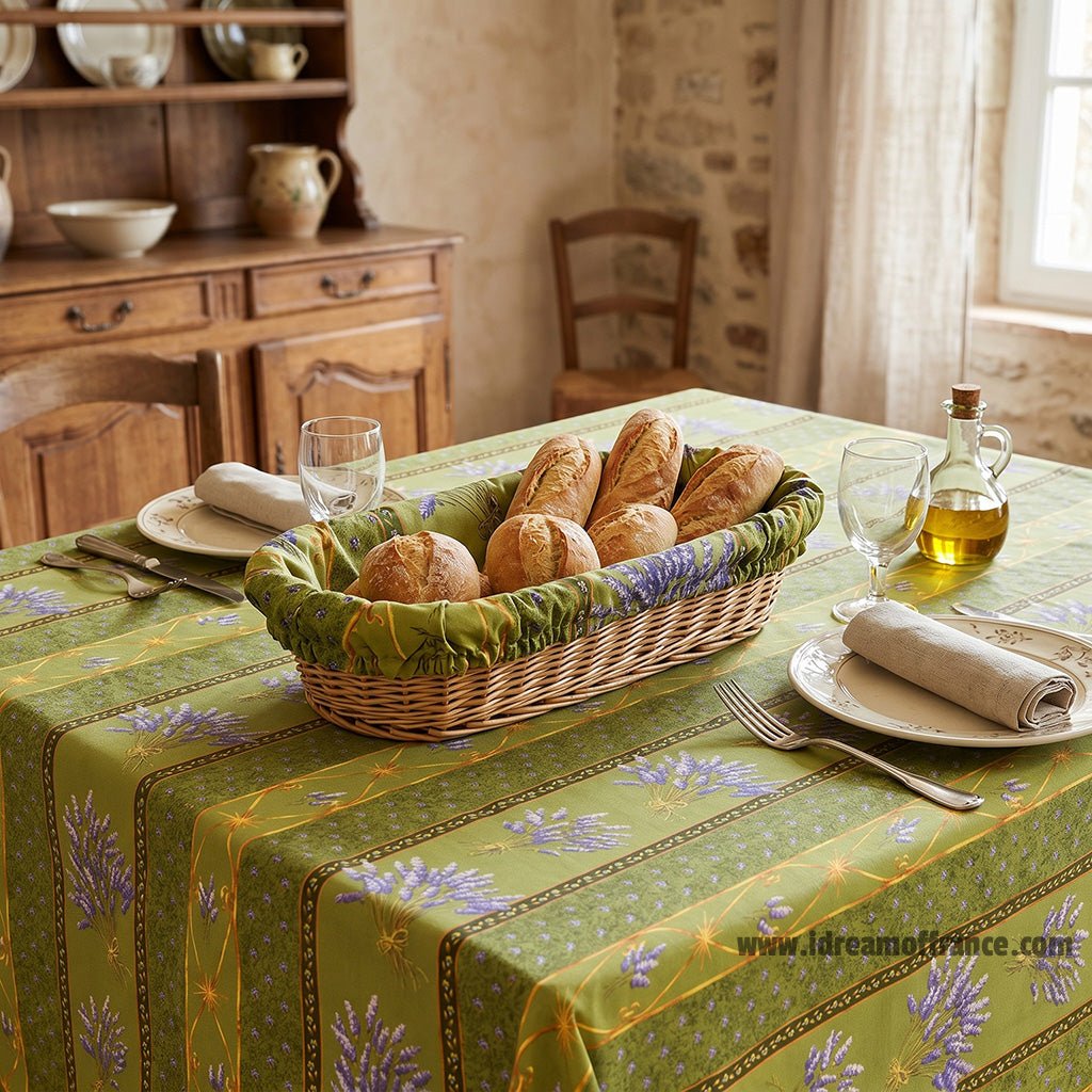 French Provencal tablecloth - Acrylic coated cotton, Spill-proof - 58" square - Lavender green | Le Cluny Tablecloth La Vie Bien French Provencal tablecloth - Acrylic coated cotton, Spill-proof - 58" square - Lavender green | Le Cluny