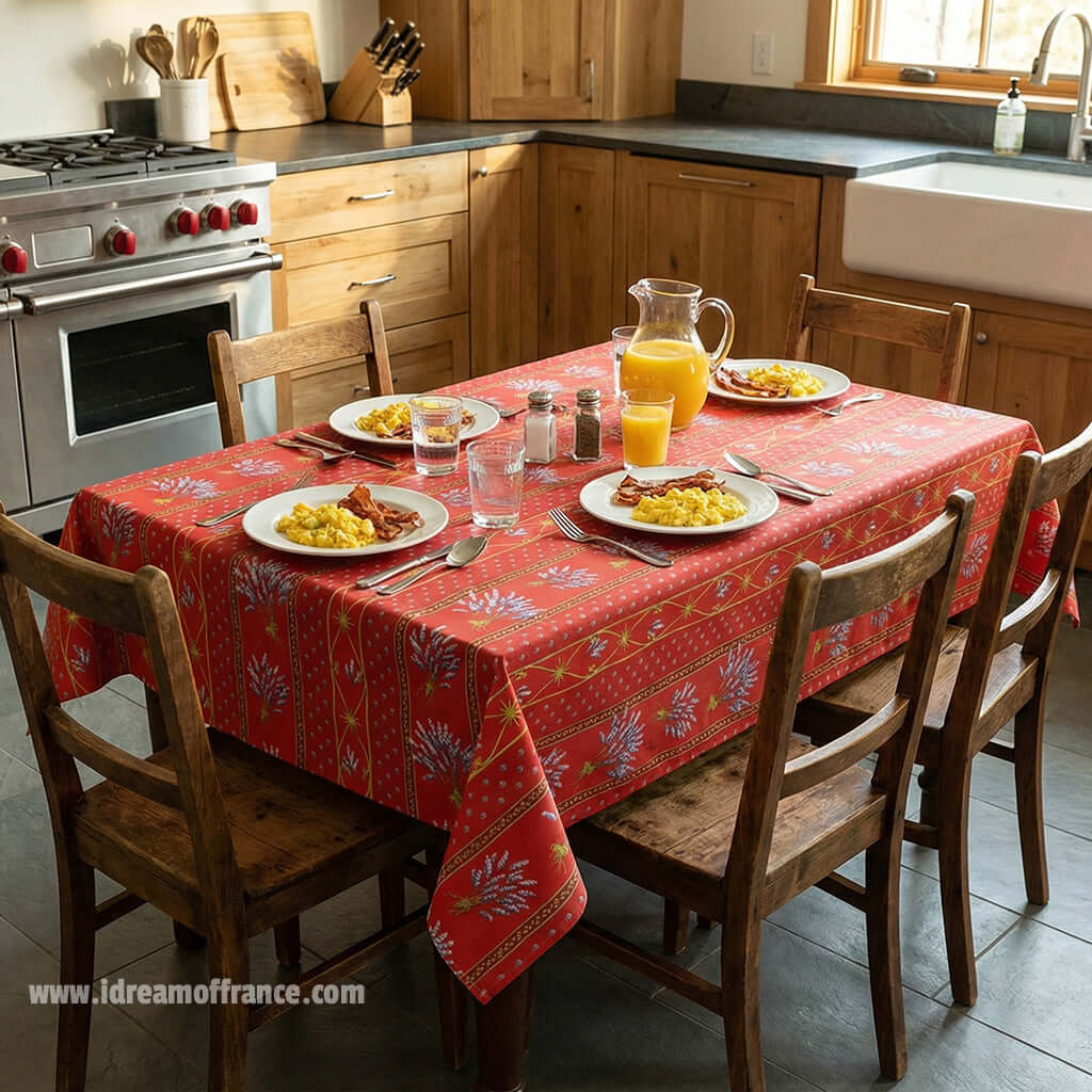 French Provencal tablecloth - Acrylic coated cotton, Spill - proof - 58" square - Lavender red | Le Cluny Tablecloth La Vie Bien French Provencal tablecloth - Acrylic coated cotton, Spill - proof - 58" square - Lavender red | Le Cluny