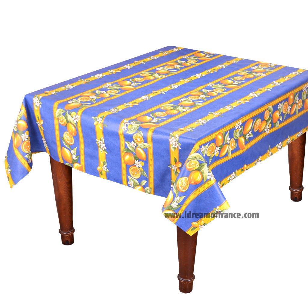 French Provencal tablecloth - Acrylic coated cotton, Spill - proof - 58" square - Lemons blue | Tissus Toselli Tablecloth La Vie Bien French Provencal tablecloth - Acrylic coated cotton, Spill - proof - 58" square - Lemons blue | Tissus Toselli