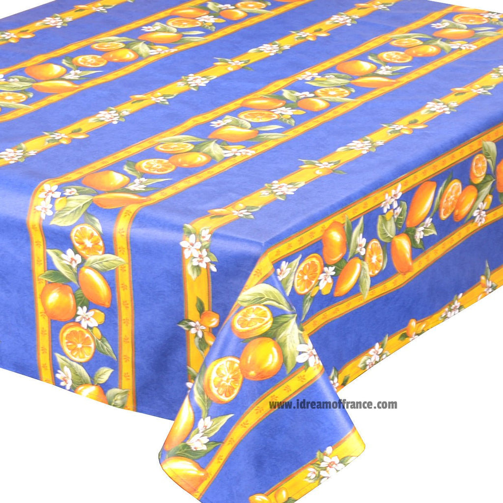 French Provencal tablecloth - Acrylic coated cotton, Spill - proof - 58" square - Lemons blue | Tissus Toselli Tablecloth La Vie Bien French Provencal tablecloth - Acrylic coated cotton, Spill - proof - 58" square - Lemons blue | Tissus Toselli