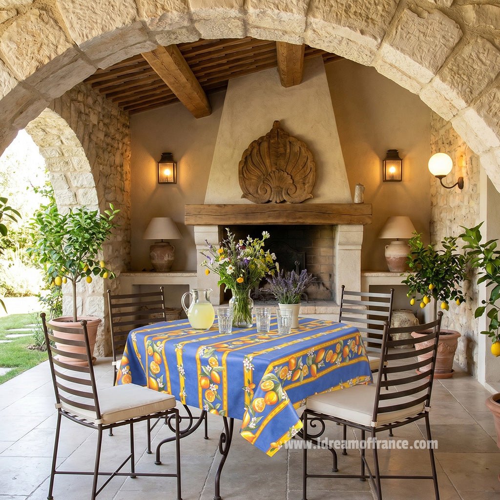 French Provencal tablecloth - Acrylic coated cotton, Spill - proof - 58" square - Lemons blue | Tissus Toselli Tablecloth La Vie Bien French Provencal tablecloth - Acrylic coated cotton, Spill - proof - 58" square - Lemons blue | Tissus Toselli