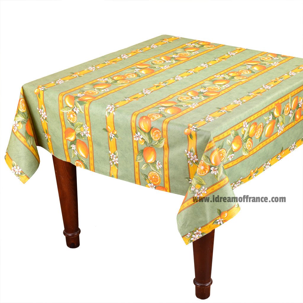 French Provencal tablecloth - Acrylic coated cotton, Spill - proof - 58" square - Lemons green | Tissus Toselli Tablecloth La Vie Bien French Provencal tablecloth - Acrylic coated cotton, Spill - proof - 58" square - Lemons green | Tissus Toselli